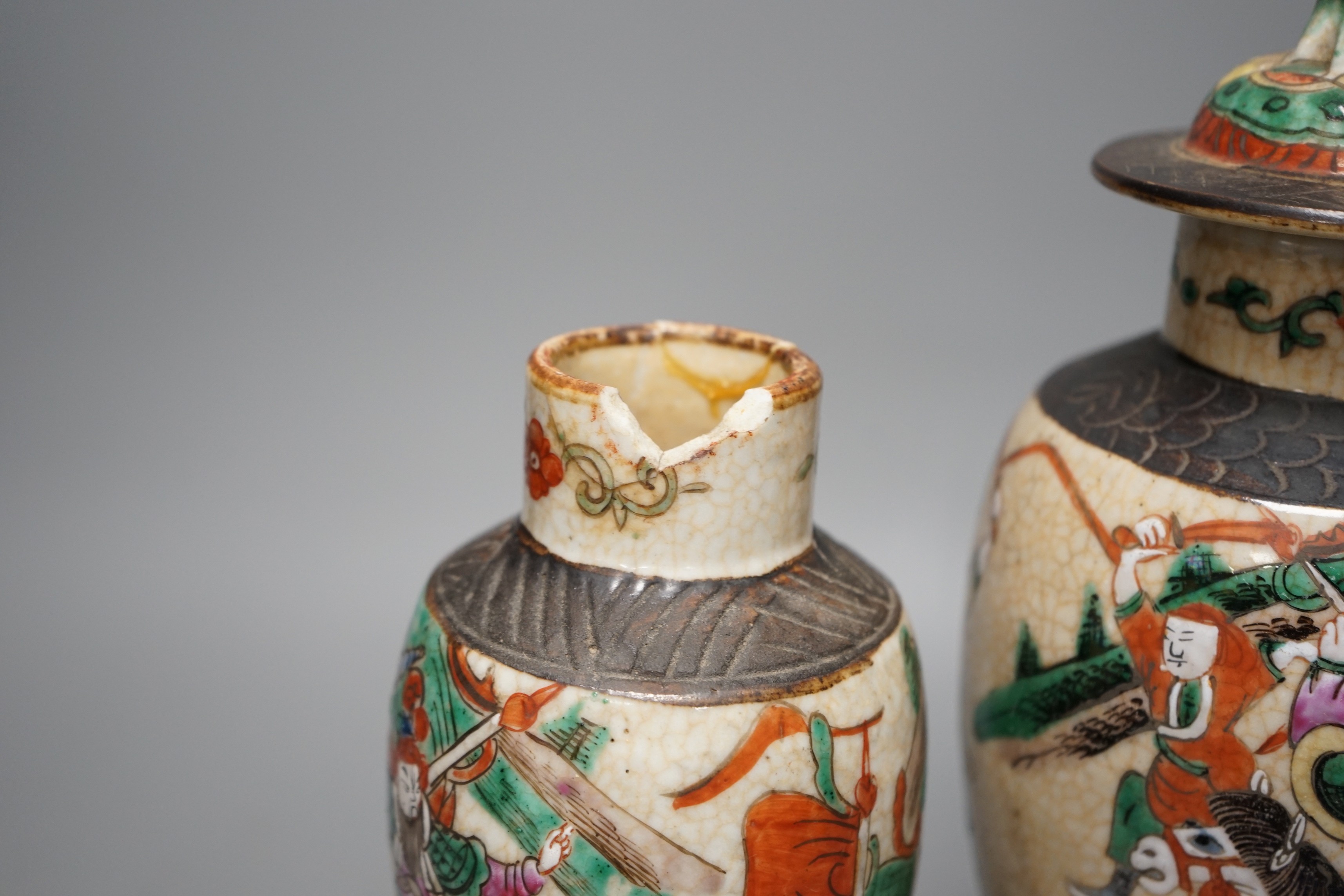 Three Chinese crackle glaze 'warrior' vases, late 19th/early 20th century 30cm